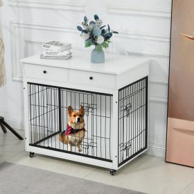 Dog Crate Furniture, Wooden Dog House, Decorative Dog Kennel with Drawer, Indoor Pet Crate End Table for Small Dog, Steel-Tube Dog Cage, Chew-Proof, W