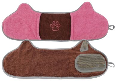 Pet Life 'Bryer' 2-in-1 Hand-Inserted Microfiber Pet Grooming Towel and Brush (Color: Brown / Pink)